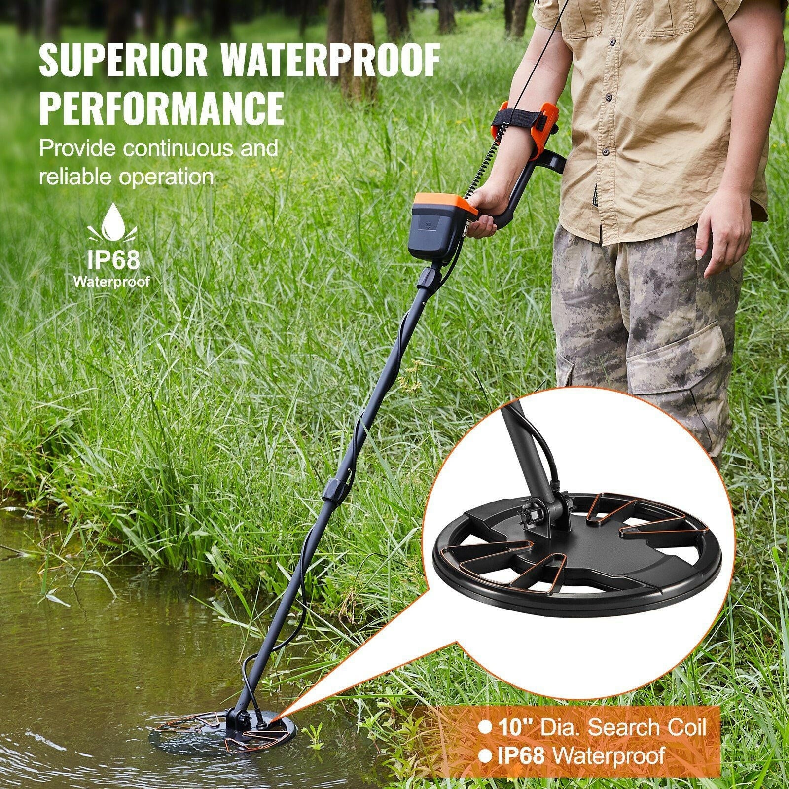 VEVOR Metal Detector for Adults & Kids, 10 Inch Waterproof Search Coil with LCD Display 7 Modes, Adjustable 41''-52'' Aluminum Stem, DSP Chip Higher Accuracy Gold Detector 10'' Detection Depth.