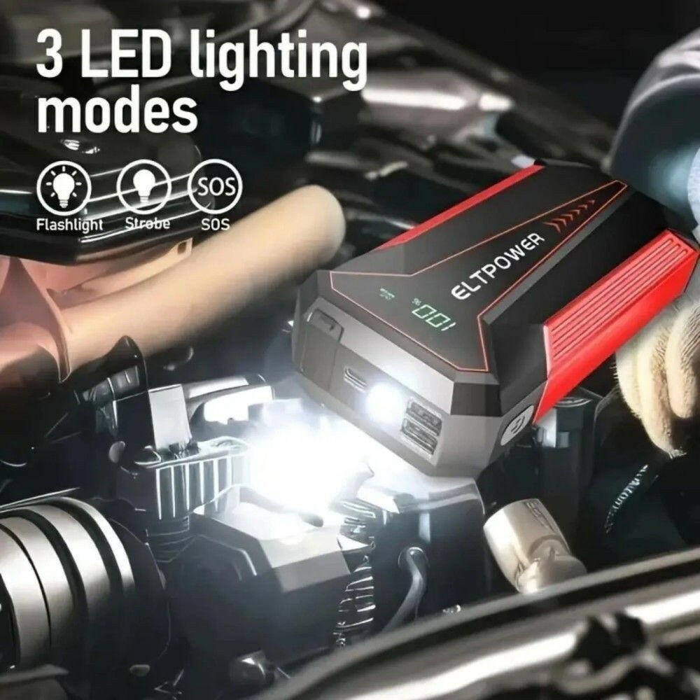 20000mAh Car Battery Jump Starter with Dual USB Quick Charge and LED Light Red.