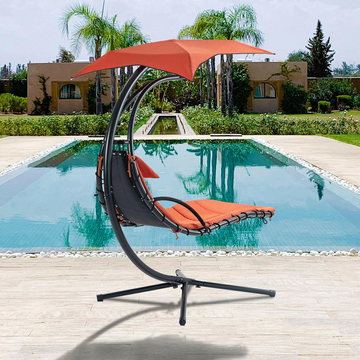 Hanging Chaise Lounger with Removable Canopy, Outdoor Swing Chair with Built-in Pillow, Hanging Curved Chaise Lounge Chair Swing for Patio Porch Poolside, Hammock Chair with Stand (Orange).