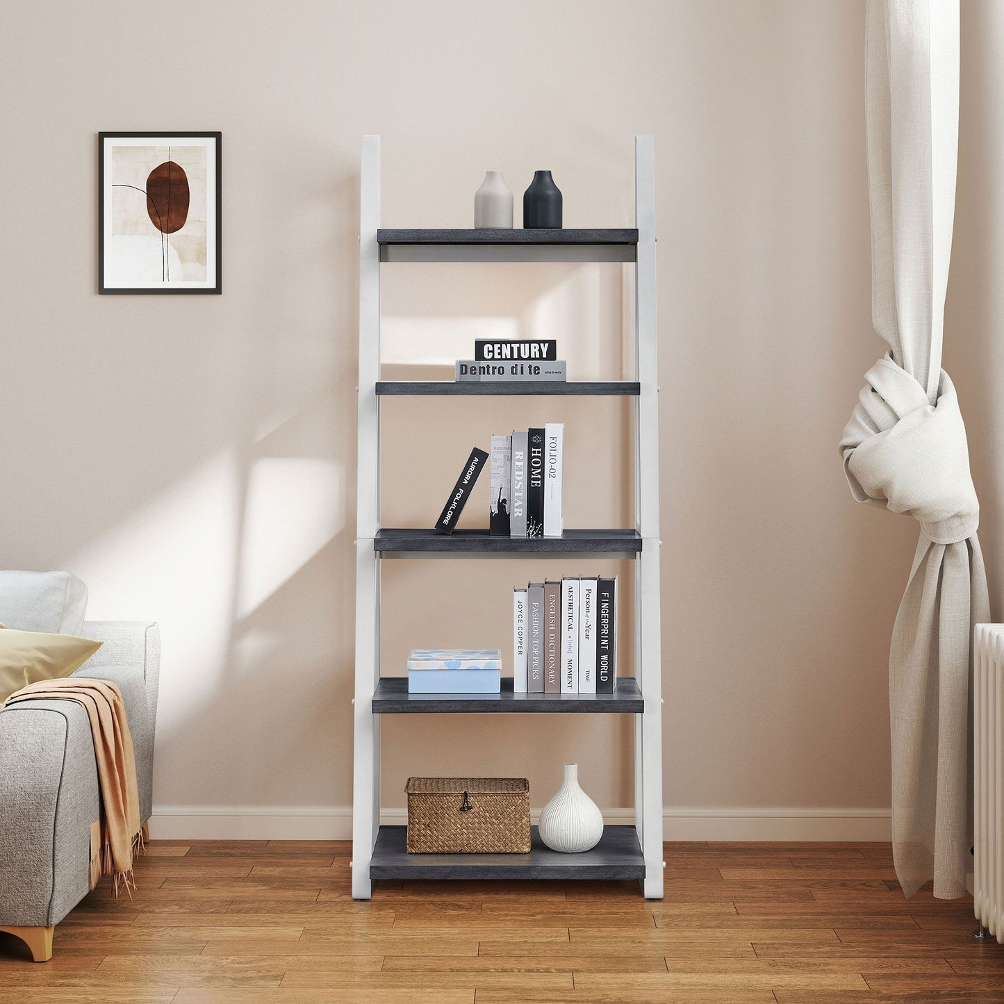 5-Tier Shelves,Bookshelf, Storage Rack, Bookcase with Rubber Wood Frame, Ladder Shelf for Living Room, Home Office, Kitchen, Bedroom, Apartment