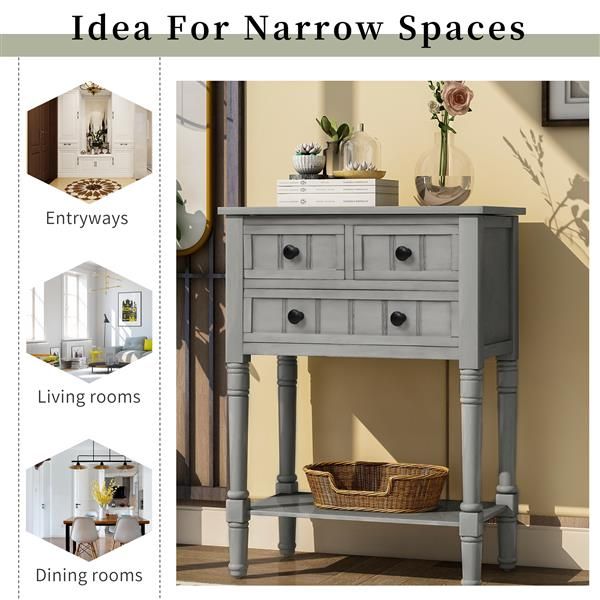 Narrow Console Table, Slim Sofa Table with Three Storage Drawers and Bottom Shelf for Living Room, Easy Assembly (Gray Wash)