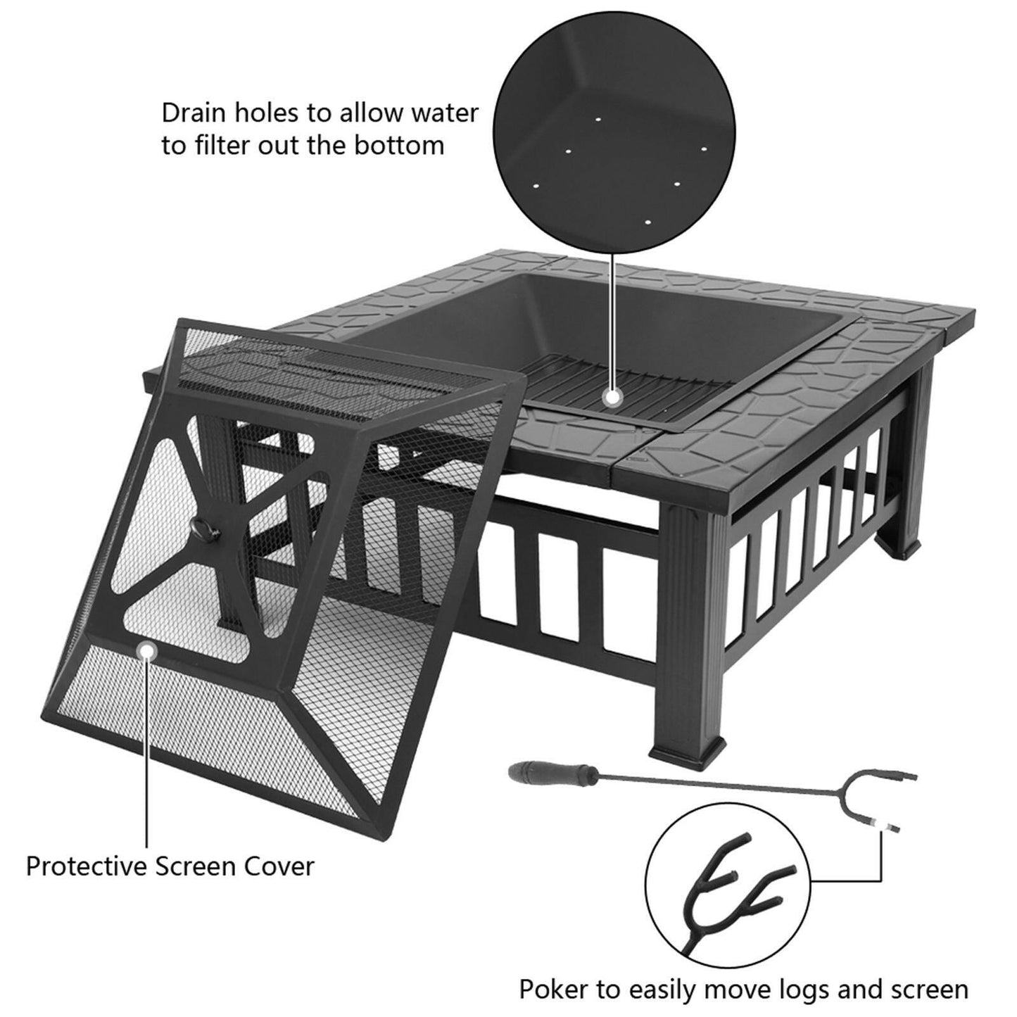 Portable Courtyard Metal Fire Pit with Accessories Black.