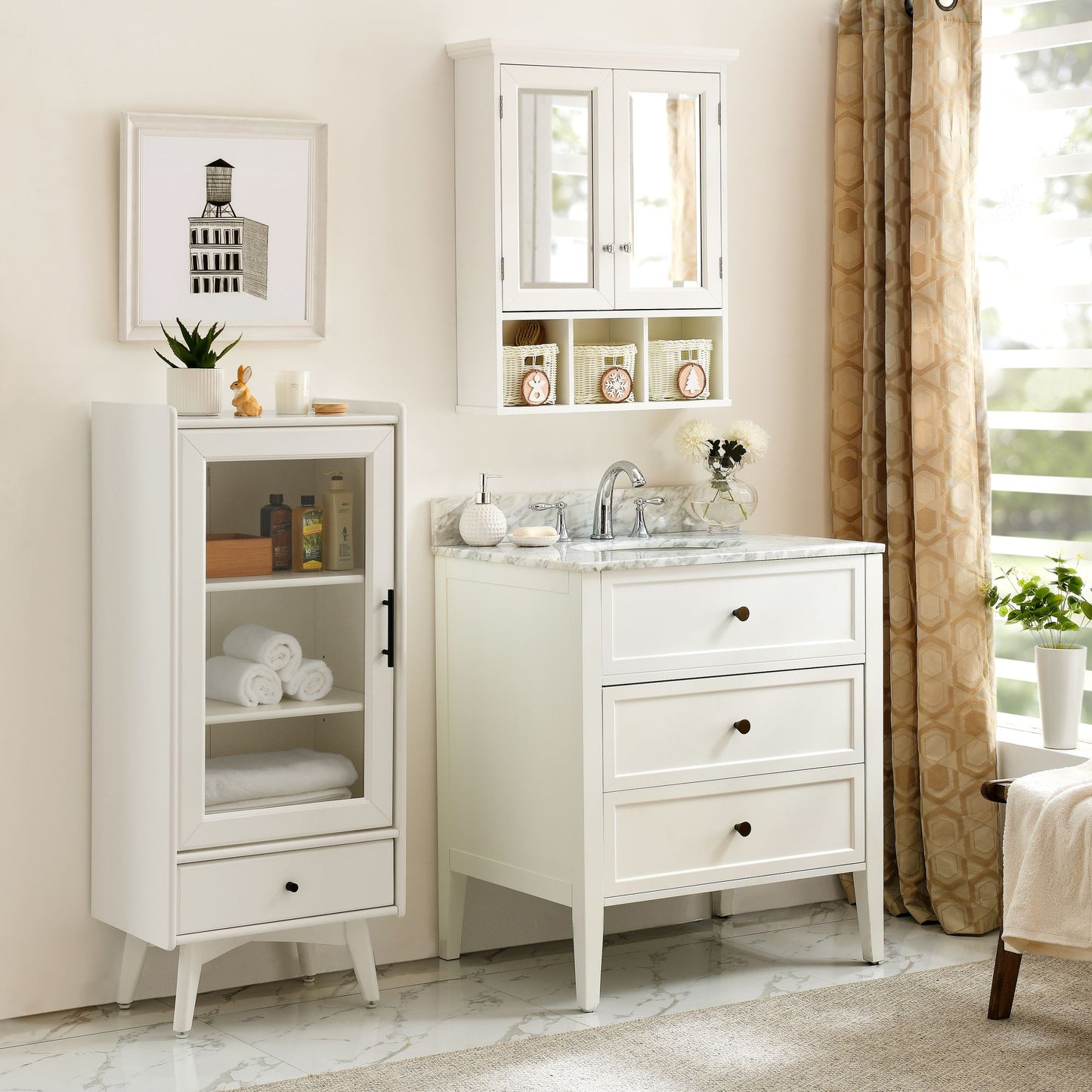 Bathroom Storage Cabinet with Mirror, 2 Doors 2 Adjustable Shelf + 3 Christmas Style Storage Basket, White Wood