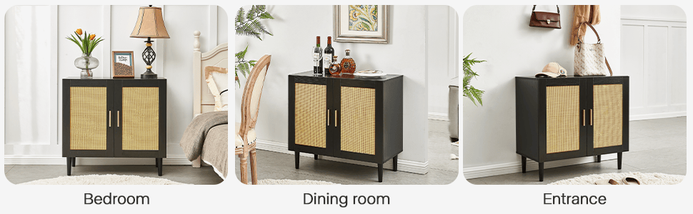 Rattan Side panel buffet cabinet with adjustable shelves, modern console for home