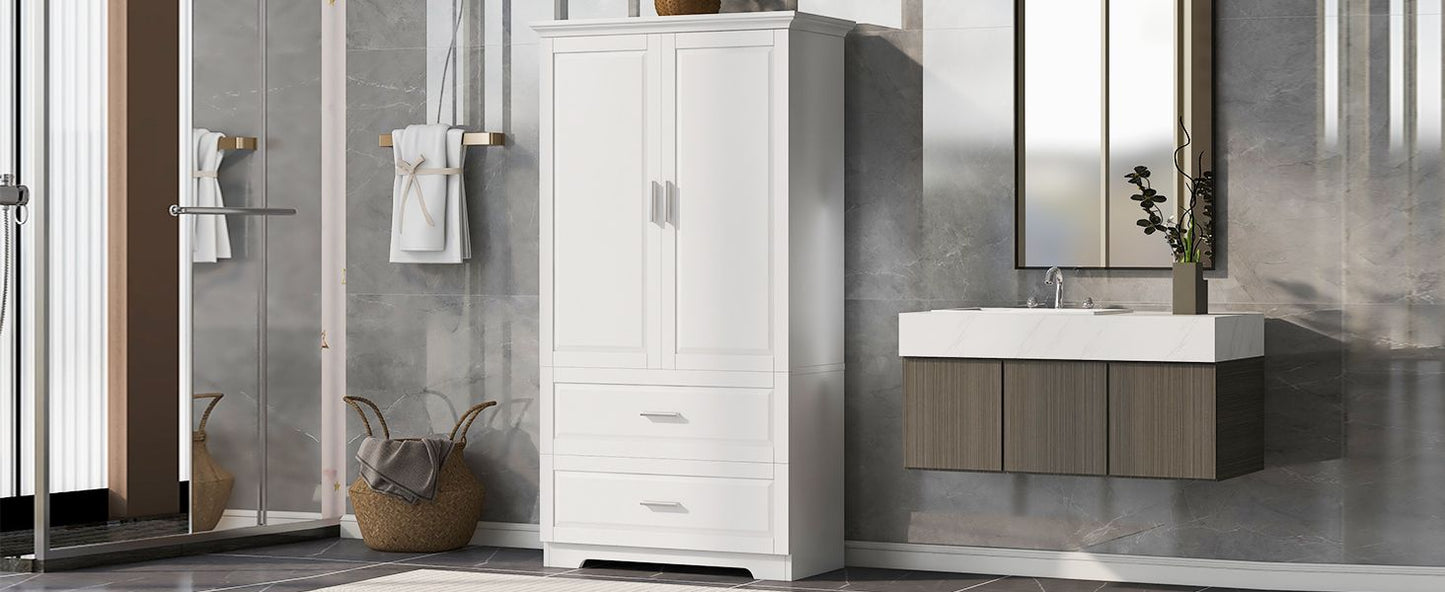 Tall Bathroom Storage Cabinet, Cabinet with Two Doors and Drawers, Adjustable Shelf, MDF Board, White