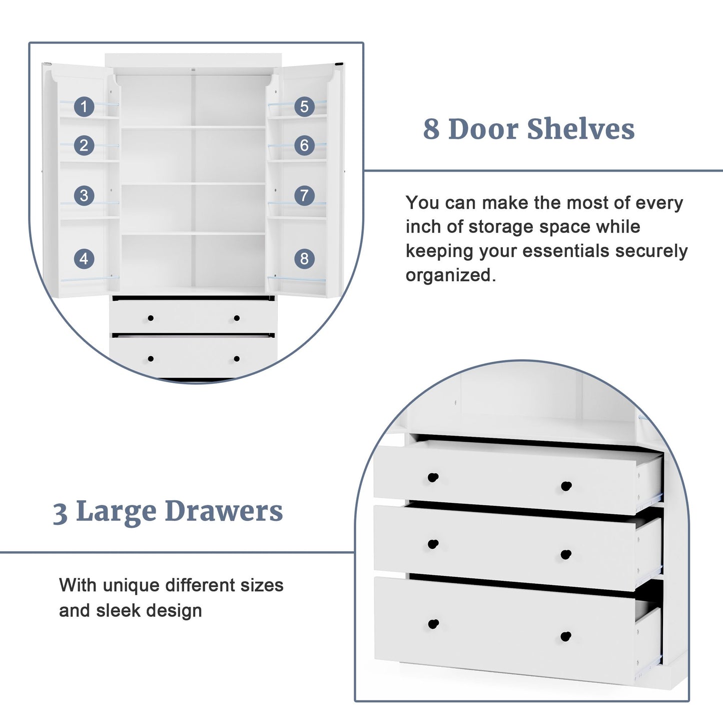 TOPMAX 77 inch Farmhouse Kitchen Pantry, Freestanding Storage Cabinet with 3 Adjustable Shelves, 8 Door Shelves, 3 Drawers, White