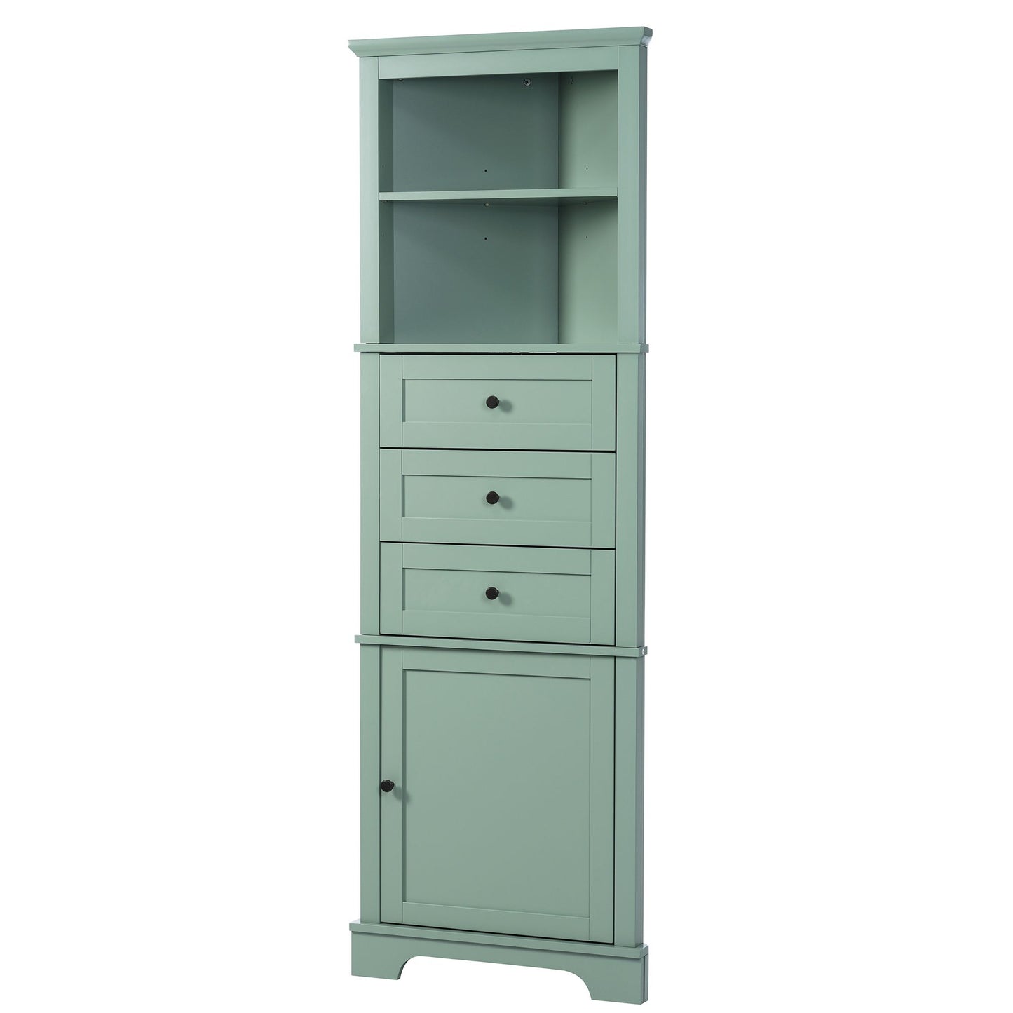 Green Triangle Tall Cabinet with 3 Drawers and Adjustable Shelves for Bathroom, Kitchen or Living Room, MDF Board with Painted Finish