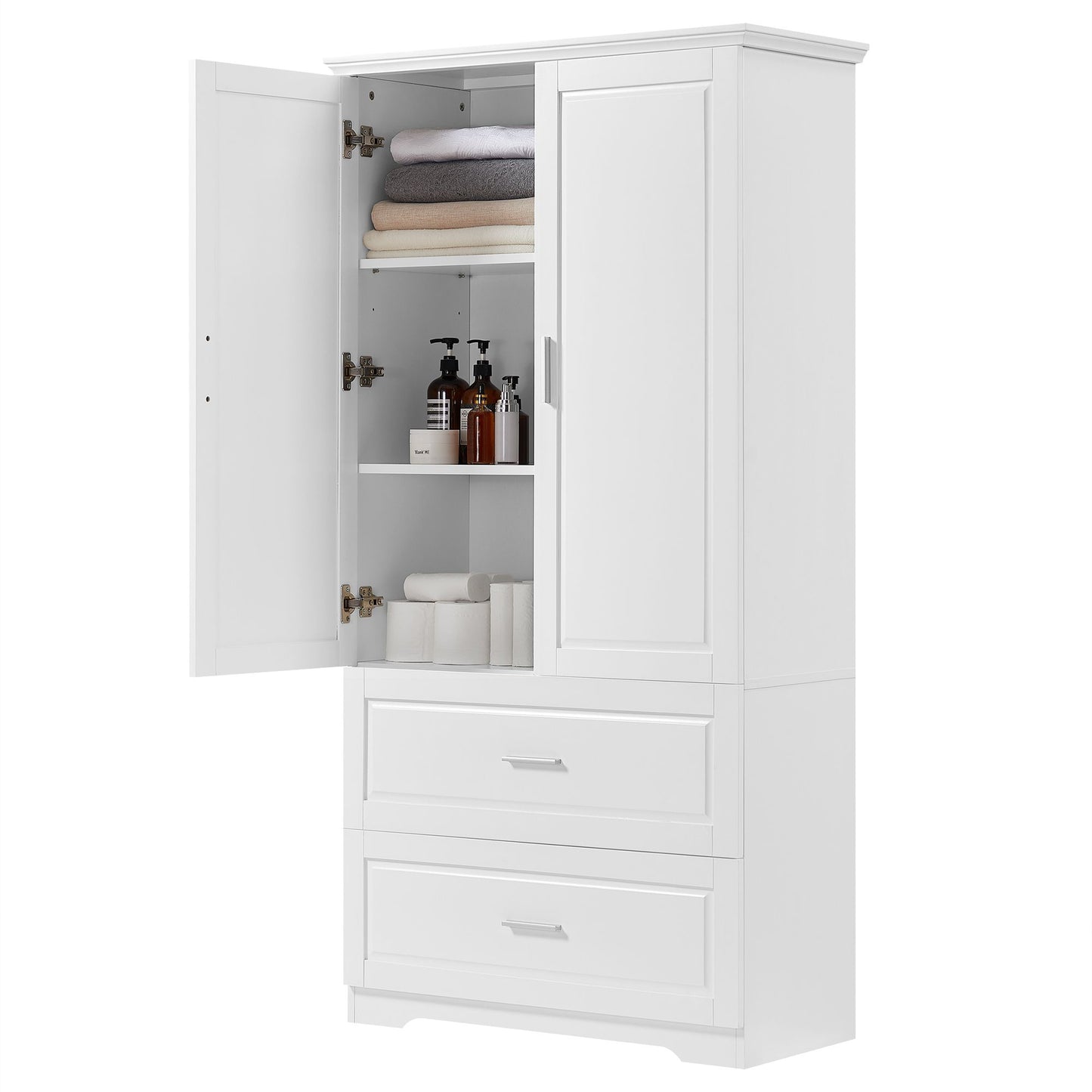 Tall Bathroom Storage Cabinet, Cabinet with Two Doors and Drawers, Adjustable Shelf, MDF Board, White