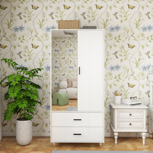 Armoire Wardrobe with 2 Doors Hanging Rods 2 Drawers and Mirror for Storage Organization for Bedroom Armoire 31.5" W x 20.3" D x 74.2 "H White