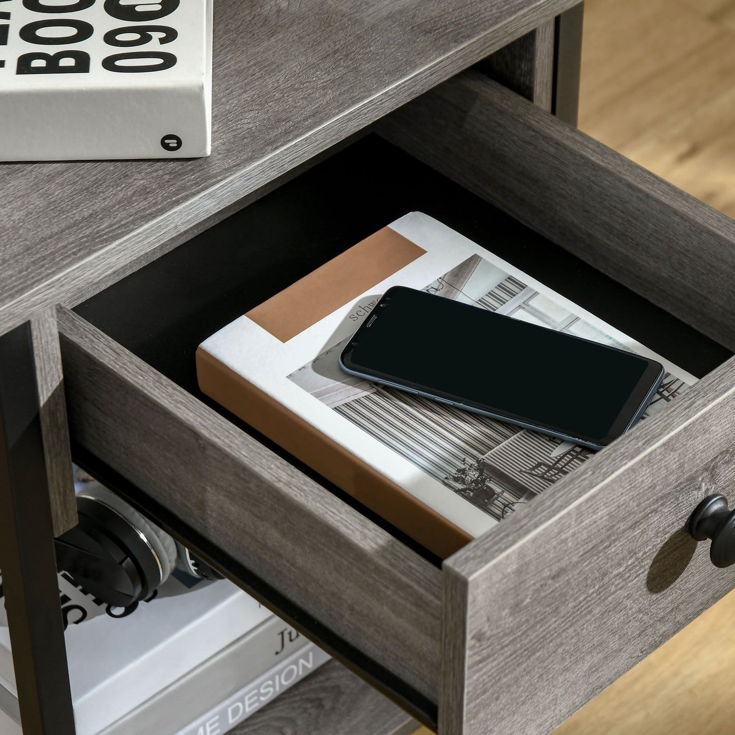 Industrial End Table with Storage Shelf, Accent Side Table with Drawer, Grey