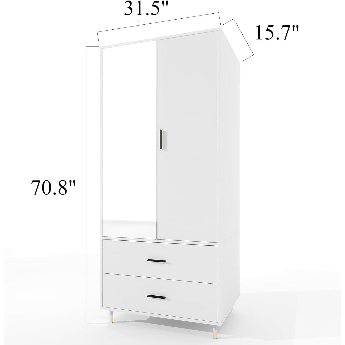 Armoire Wardrobe with 2 Doors Hanging Rods 2 Drawers and Mirror for Storage Organization for Bedroom Armoire 31.5" W x 20.3" D x 74.2 "H White