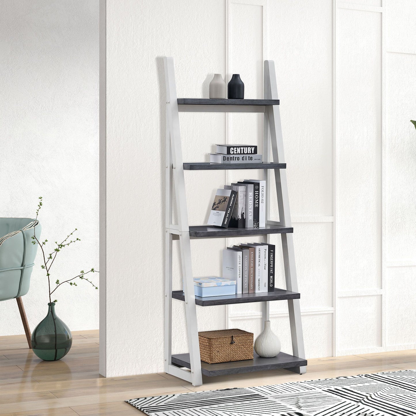 5-Tier Shelves,Bookshelf, Storage Rack, Bookcase with Rubber Wood Frame, Ladder Shelf for Living Room, Home Office, Kitchen, Bedroom, Apartment