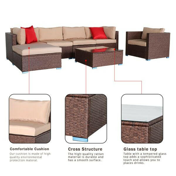 7 Pieces Wood Grain Patio PE Wicker Rattan Corner Sofa Set.