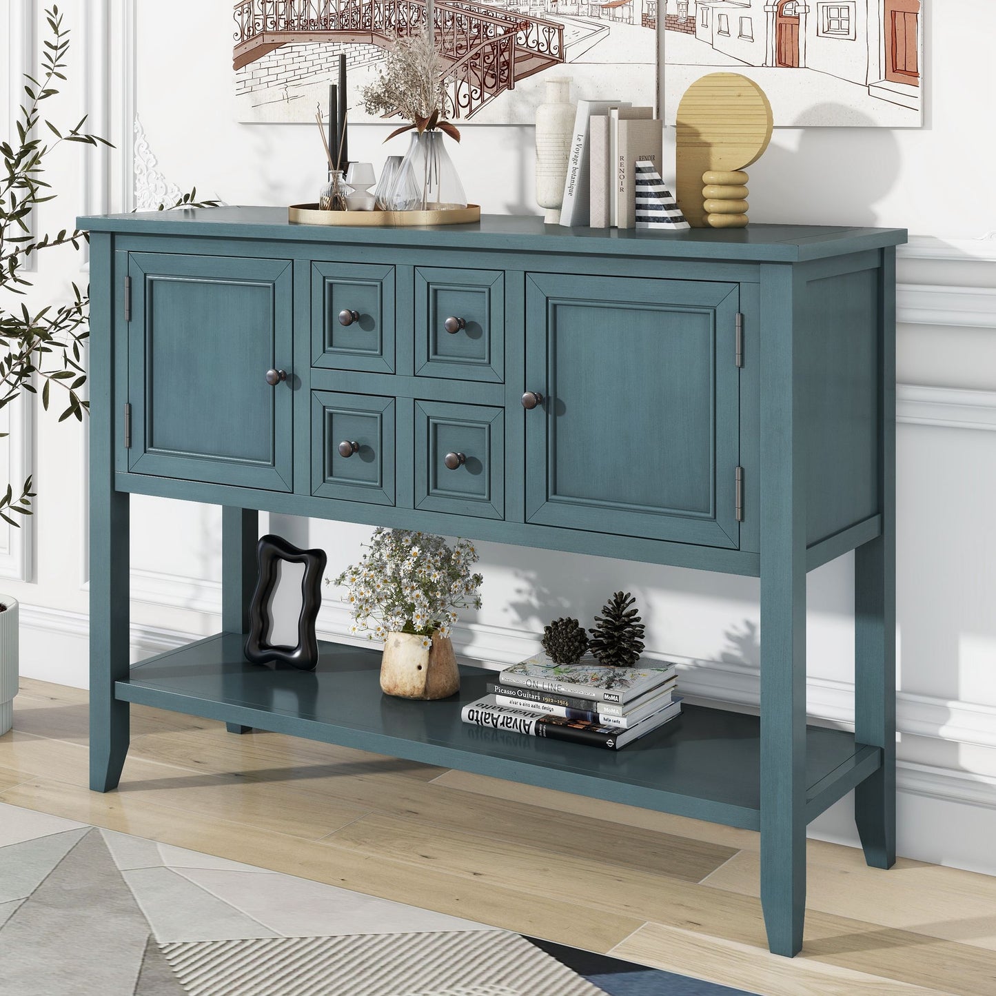 TREXM Cambridge Series Ample Storage Vintage Console Table with Four Small Drawers and Bottom Shelf for Living Spaces (Dark Blue)