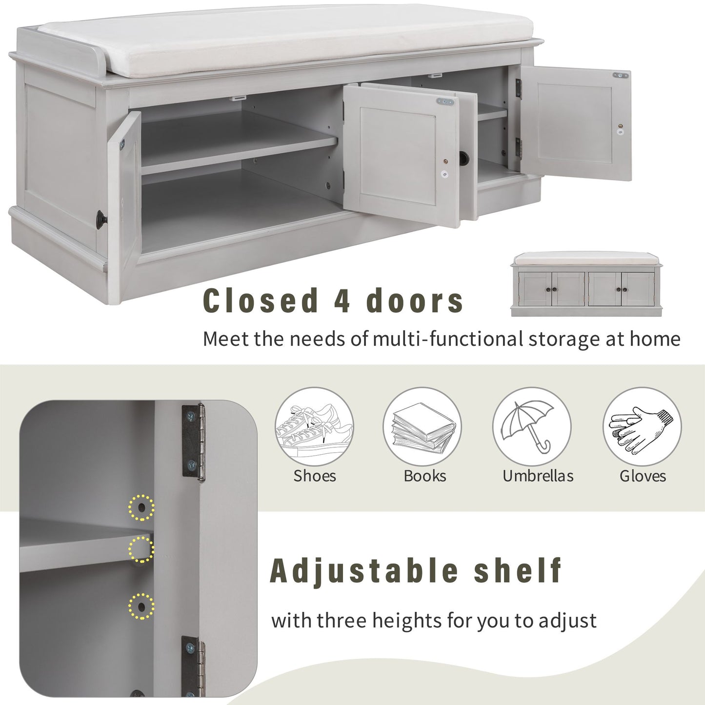 Storage Bench with 4 Doors and Adjustable Shelves,Shoe Bench with Removable Cushion for Living Room,Entryway