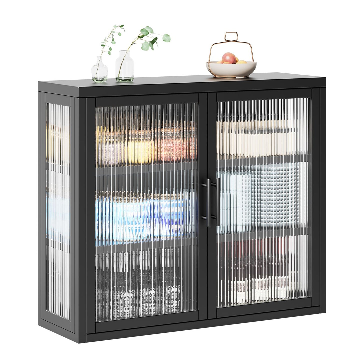 Retro Style Haze Double Glass Door Wall Cabinet With Detachable Shelves for Office, Dining Room,Living Room, Kitchen and Bathroom Black