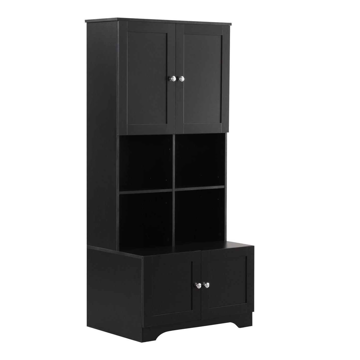 Bathroom Freestanding Cabinet with 4 Doors, Open multi-layer Shelves, Black