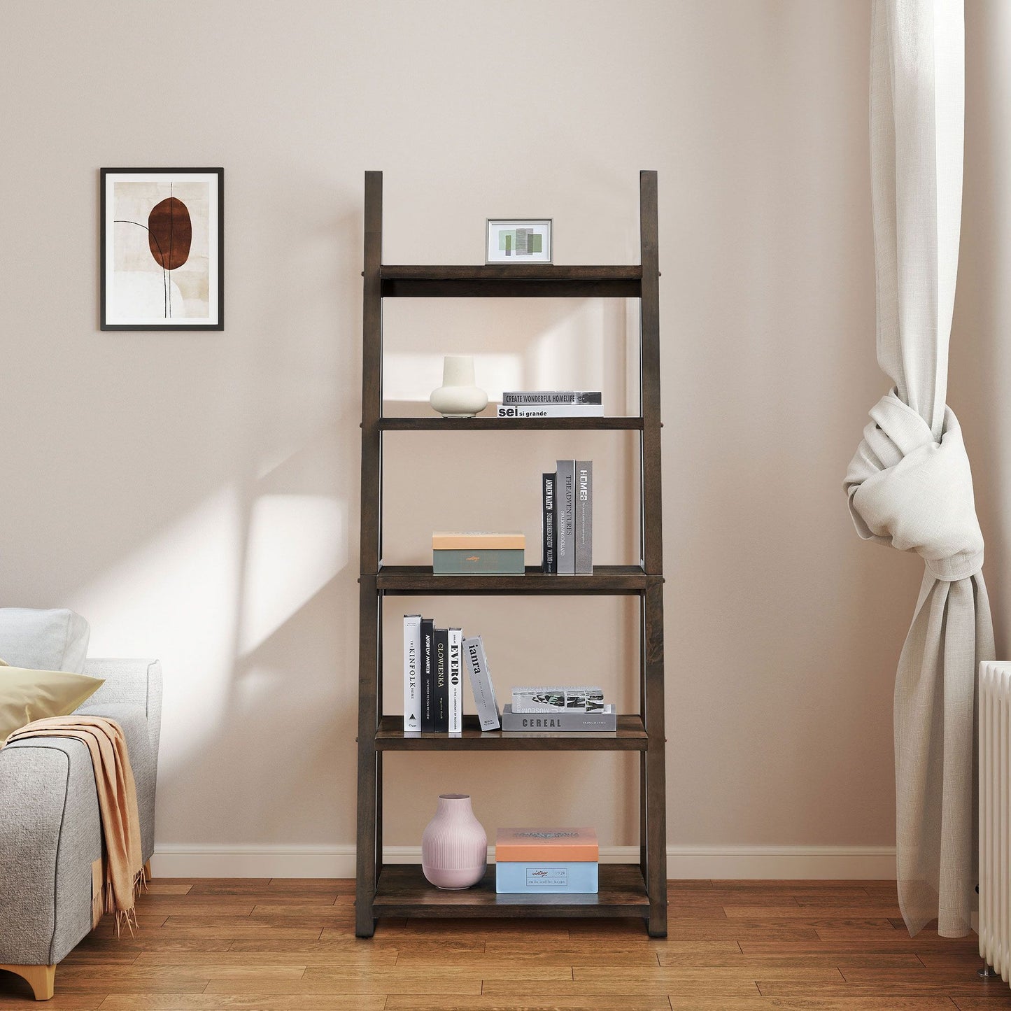 5-Tier Shelves,Bookshelf, Storage Rack, Bookcase with Rubber Wood Frame, Ladder Shelf for Living Room, Home Office, Kitchen, Bedroom, Apartment ,Rustic Brown