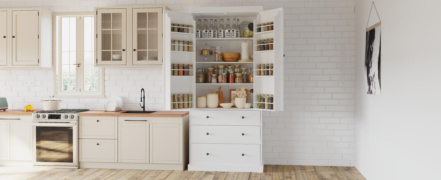 TOPMAX 77 inch Farmhouse Kitchen Pantry, Freestanding Storage Cabinet with 3 Adjustable Shelves, 8 Door Shelves, 3 Drawers, White