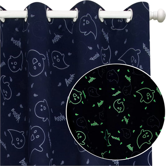 Muwago Ghost Demon Dark Blue Blackout Curtains Luminous Glow in The Dark Themed Grommet Thermal Insulated Curtains Bedroom and Living Room Window Treatment