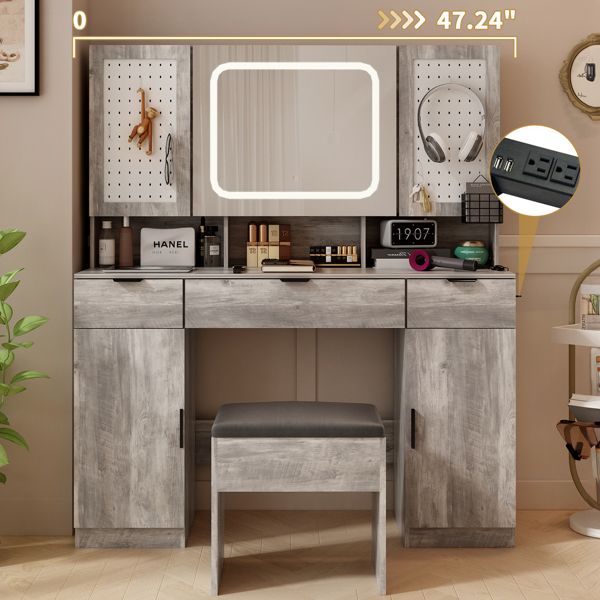 Large Vanity Table Set with LED Lighted Mirror and 2 DIY Pegboards, 5 Hooks, Vanity Desk with Charging Station, Makeup Table with Drawers, Storage Shelves and Cabinets, Cushioned Stool for Bedroom