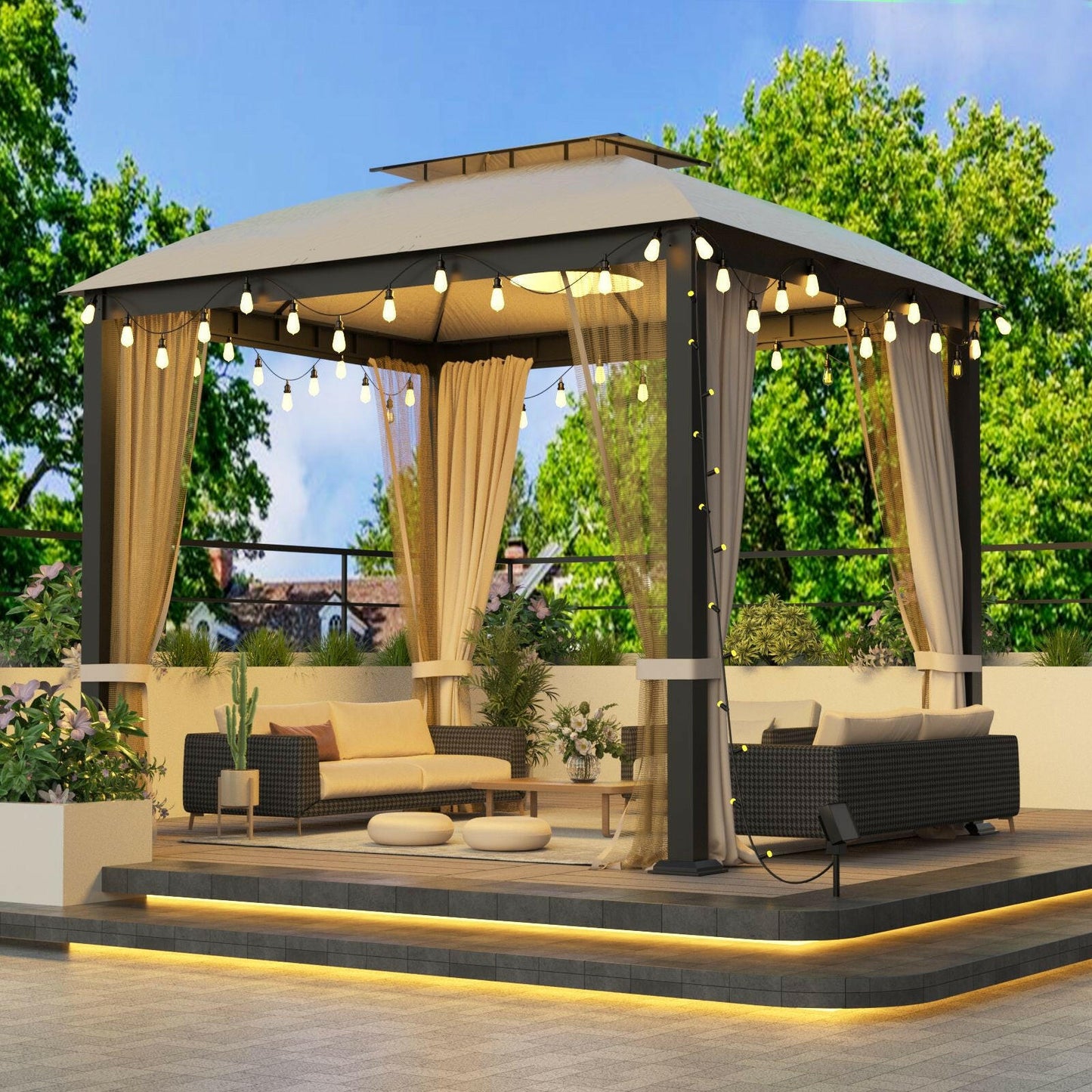 10X10FT Softtop Metal Gazebo with Mosquito Net&Sunshade Curtains,Sturdy Heavy Duty Double Roof Canopy,Galvanized Steel Design Outdoor Tent,Suitable for Gardens,Patio,Backyard.