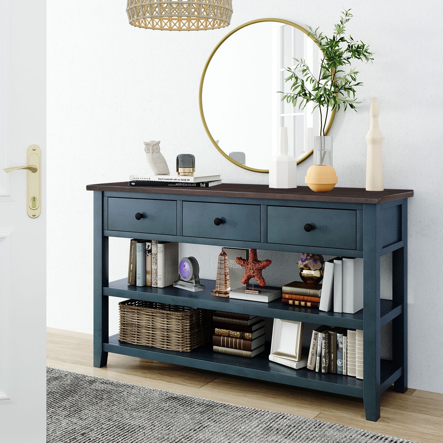 Retro Design Console Table with Two Open Shelves, Pine Solid Wood Frame and Legs for Living Room