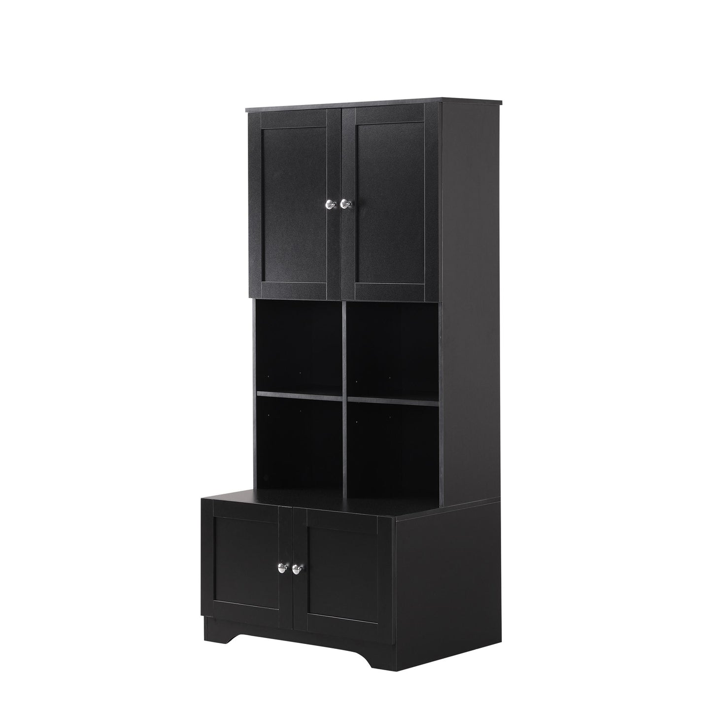 Bathroom Freestanding Cabinet with 4 Doors, Open multi-layer Shelves, Black