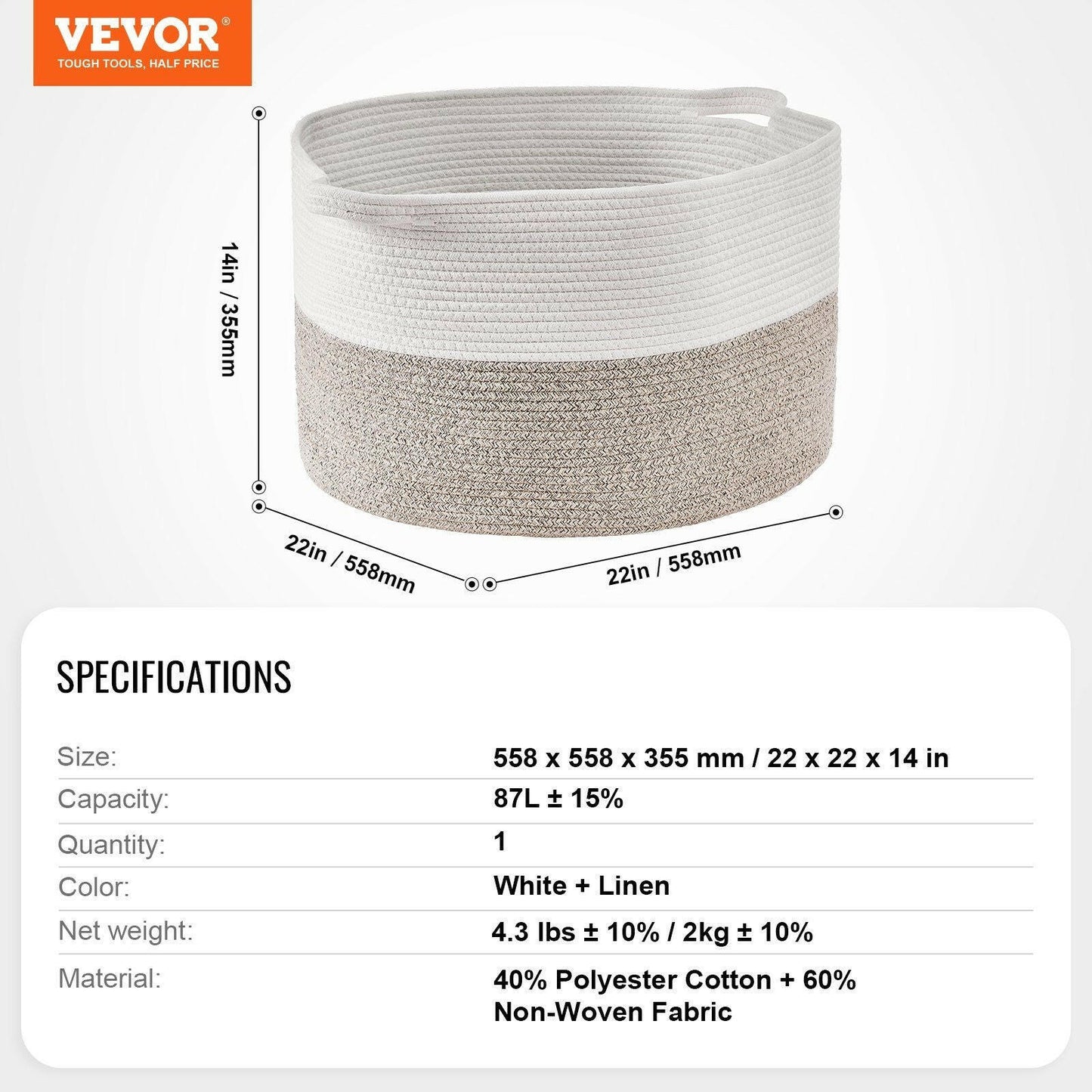 VEVOR Cotton Rope Storage Basket 87L Woven Blanket Basket 22 x 22 x 14 in.