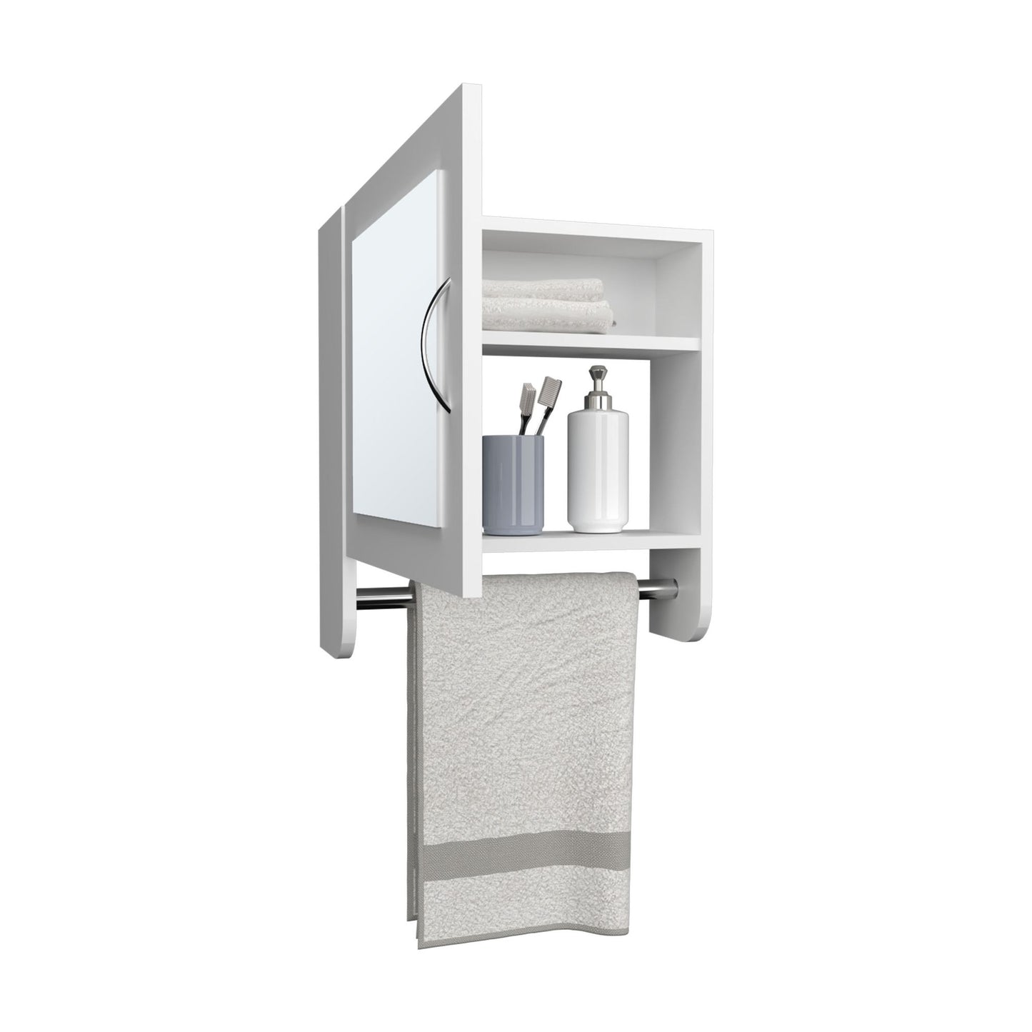 BOTIQ 19.7" H x 17.7" W Mirror Medicine Cabinet with Towel Rack White, One door with Two interior Shelves for Bathroom, Kitchen White