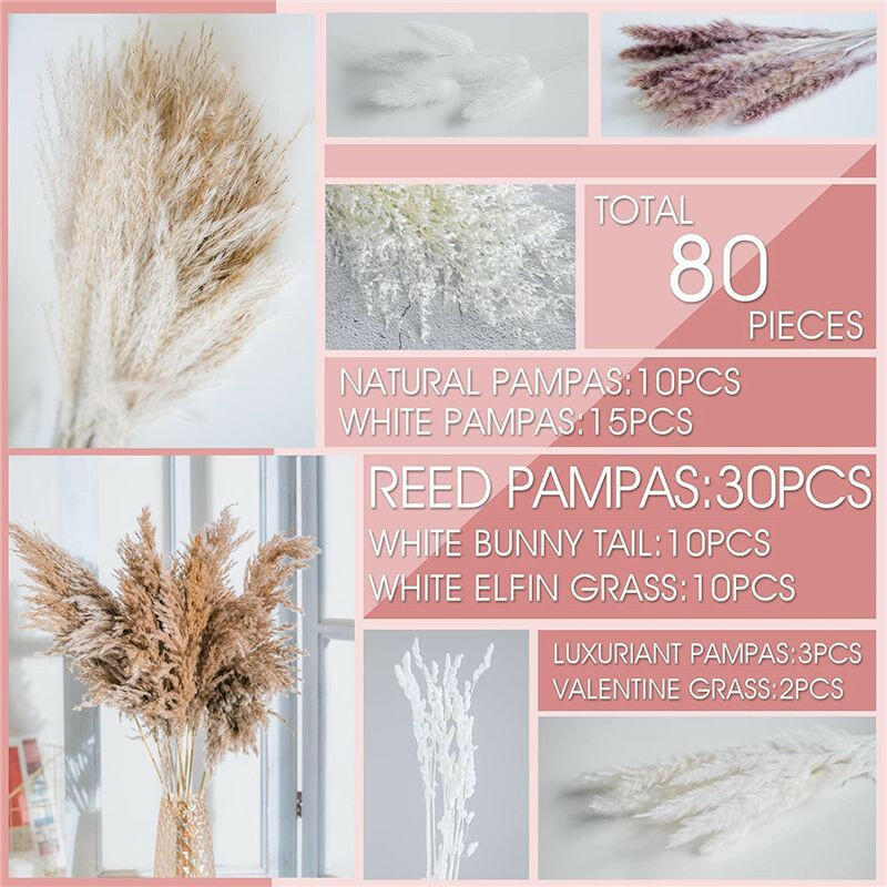 60/62/76/80/85/100pcs Boho Pampas Grass Bouquet Home Decor Floral Dried Flowers Wedding Arrangements Natural Reed Bunny Tails.