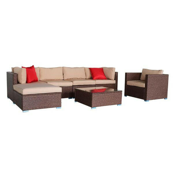 7 Pieces Wood Grain Patio PE Wicker Rattan Corner Sofa Set.