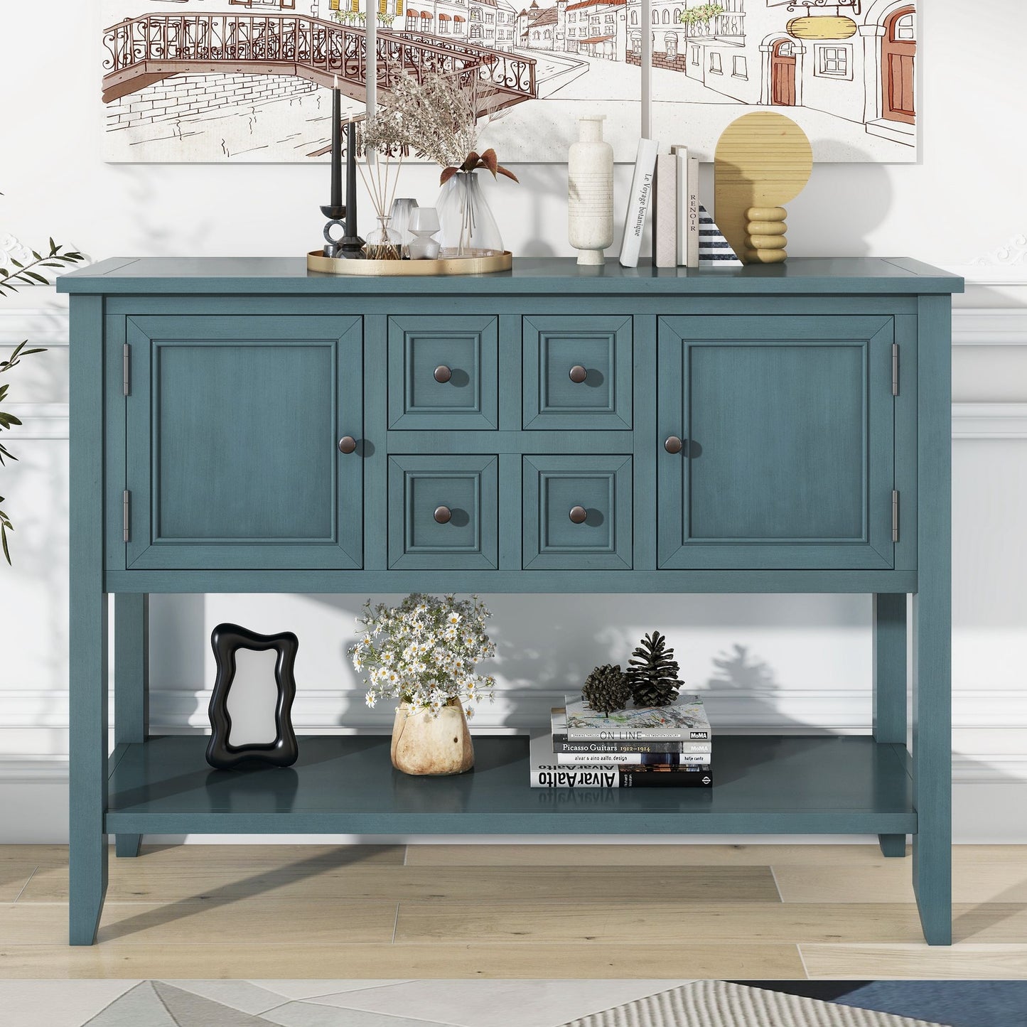 TREXM Cambridge Series Ample Storage Vintage Console Table with Four Small Drawers and Bottom Shelf for Living Spaces (Dark Blue)