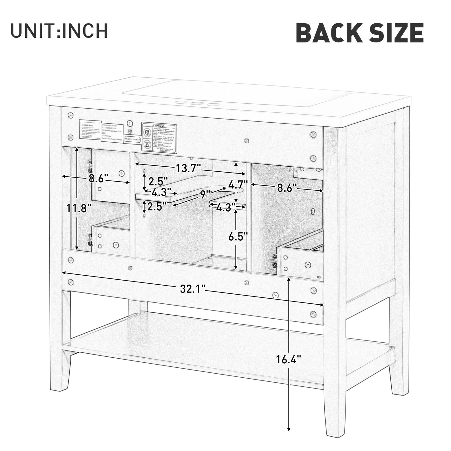 36" Bathroom Vanity without Sink, Cabinet Base Only, One Cabinet and three Drawers