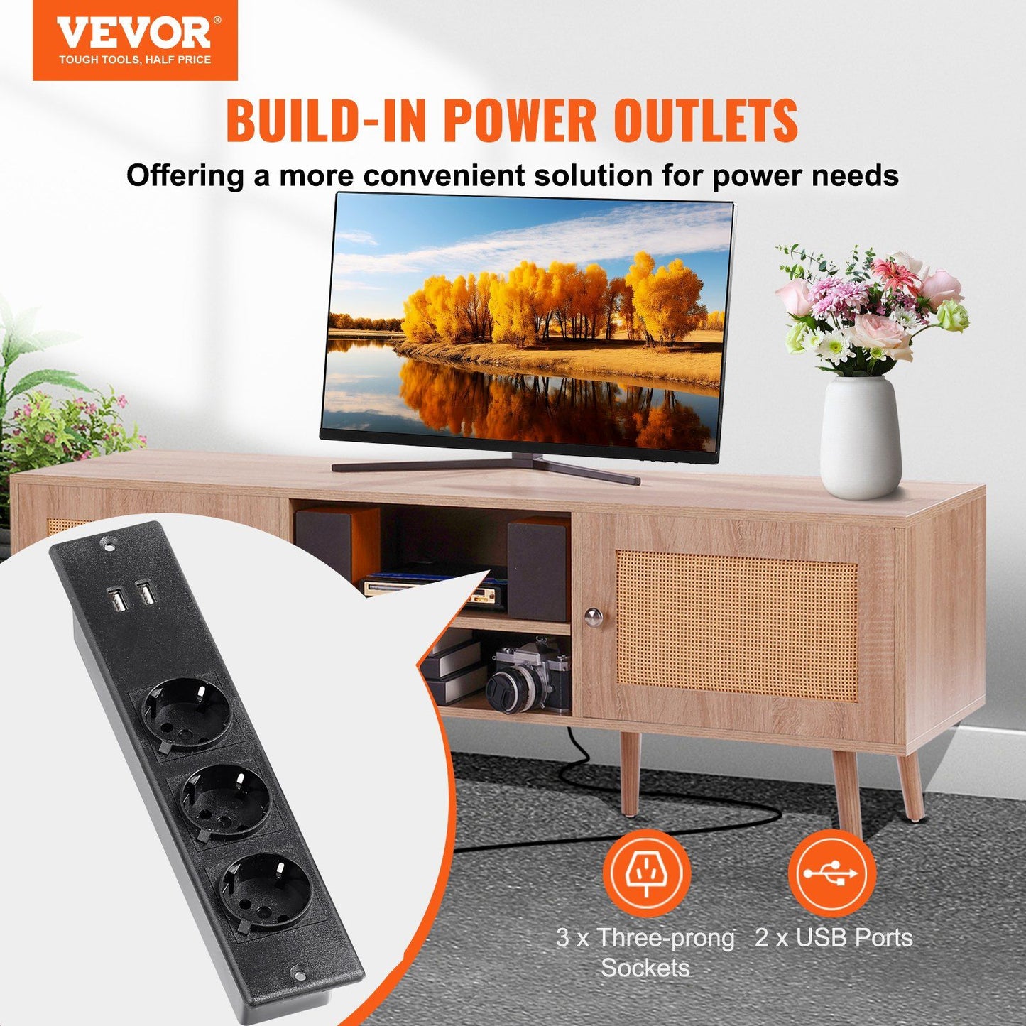 VEVOR Rattan Mid Century Modern TV Stand for 65 inch with Built-in Socket and USB Ports, Adjustable Shelves, Oak