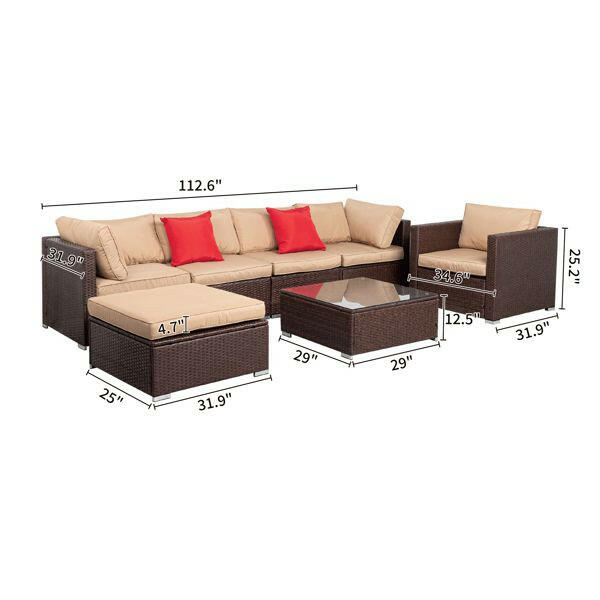 7 Pieces Wood Grain Patio PE Wicker Rattan Corner Sofa Set.