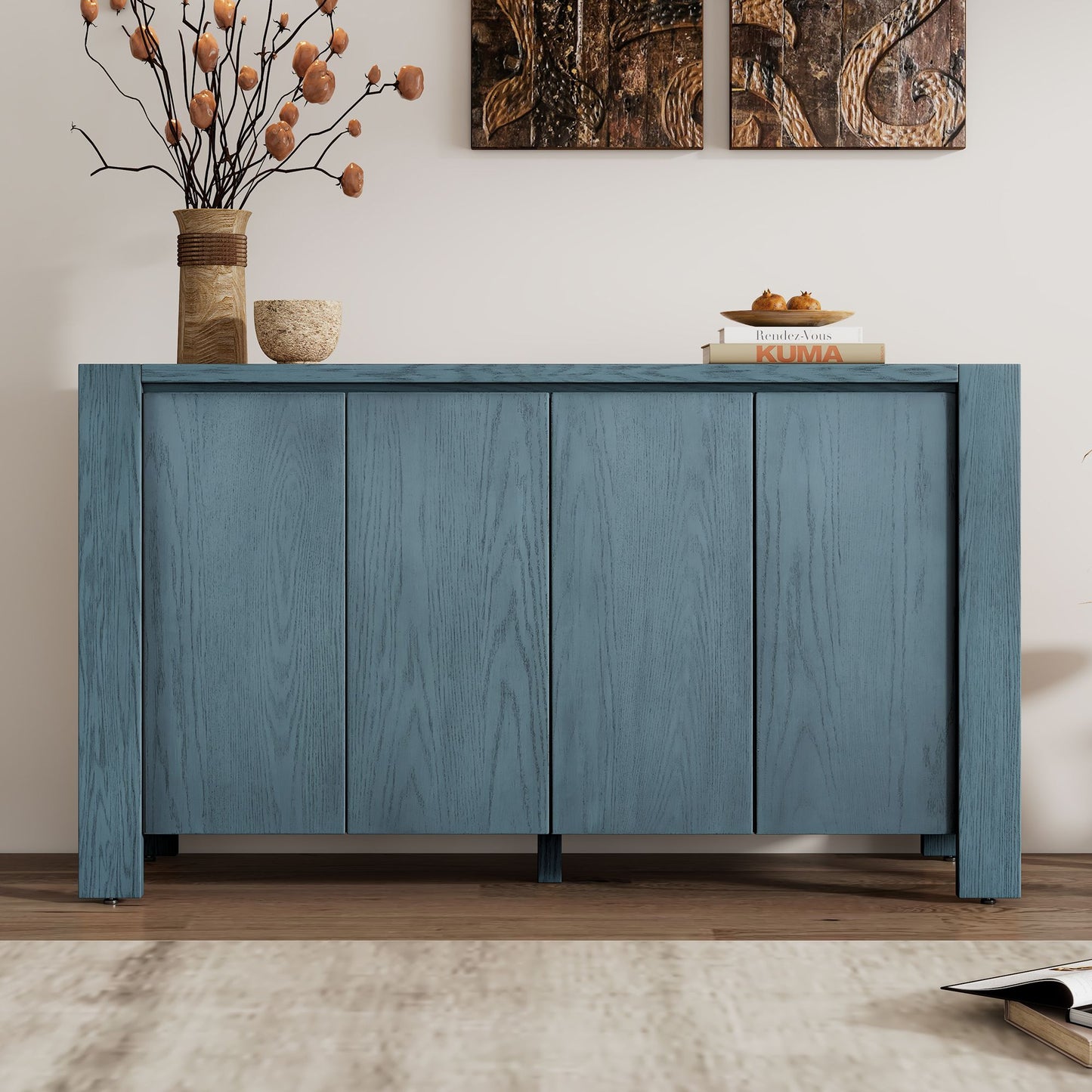 Retro 4-door Sideboard with Distressed Finish and Adjustable Shelves for Dining Room,Kitchen,and Living Room