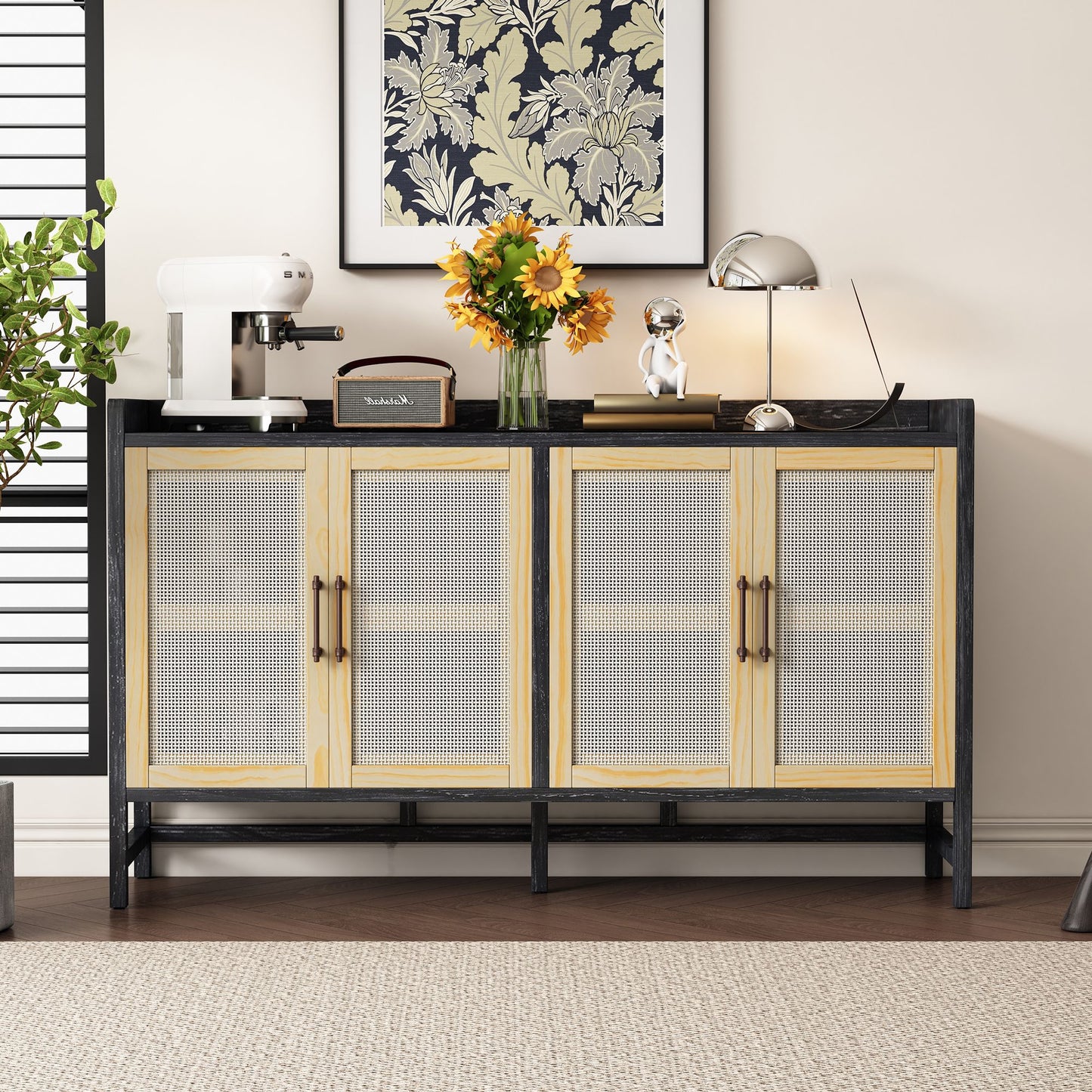 Rustic Sideboard with Decorative Rattan Doors and Adjustable Shelves for Entryway,Dining Room,or Living Room