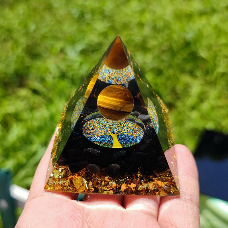 Natural Tiger Eye Orgonite Pyramid Heal Crystals Ball Energy Generator Reiki Chakra Multiplier Orgone Amethyst Meditation Stone.