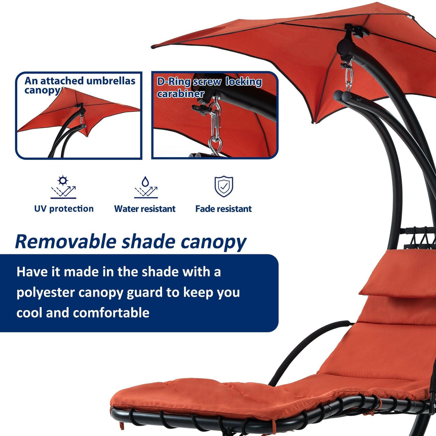 Hanging Chaise Lounger with Removable Canopy, Outdoor Swing Chair with Built-in Pillow, Hanging Curved Chaise Lounge Chair Swing for Patio Porch Poolside, Hammock Chair with Stand (Orange).