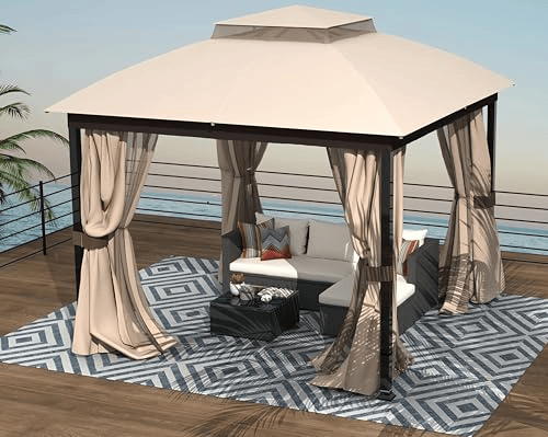 10X10FT Softtop Metal Gazebo with Mosquito Net&Sunshade Curtains,Sturdy Heavy Duty Double Roof Canopy,Galvanized Steel Design Outdoor Tent,Suitable for Gardens,Patio,Backyard.