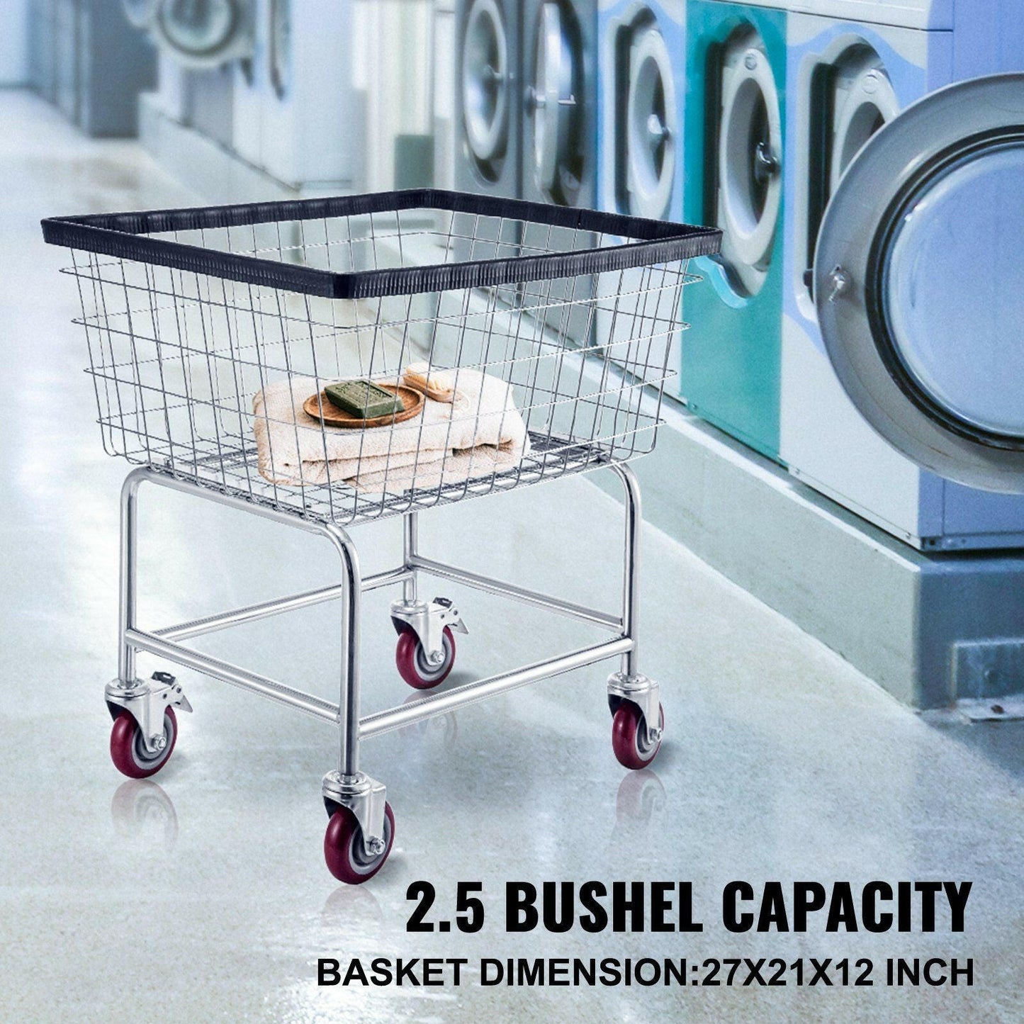 VEVOR Wire Laundry Cart, 2.5 Bushel Wire Laundry Basket with Wheels, 21''x27''x27.5'' Commercial Wire Laundry Basket Cart, Steel Frame with Chrome Finish, 4inch Casters, Wire Basket Cart For Laundry.