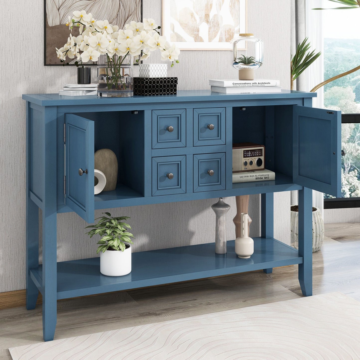 TREXM Cambridge Series Ample Storage Vintage Console Table with Four Small Drawers and Bottom Shelf for Living Rooms, Entrances and Kitchens (Light Navy, OLD SKU: WF190263AAH)