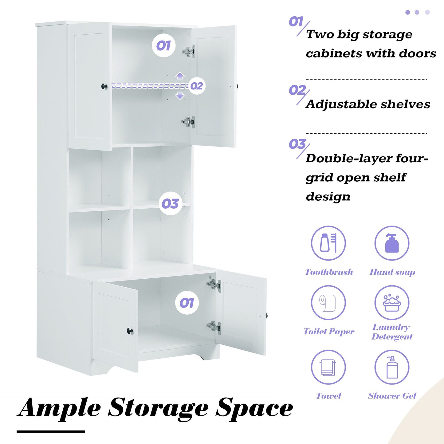 Bathroom Floor Storage Cabinet, Bathroom Storage Unit, Freestanding Cabinet with 4 Doors, Adjustable Shelves, Open multi-layer Shelves, White