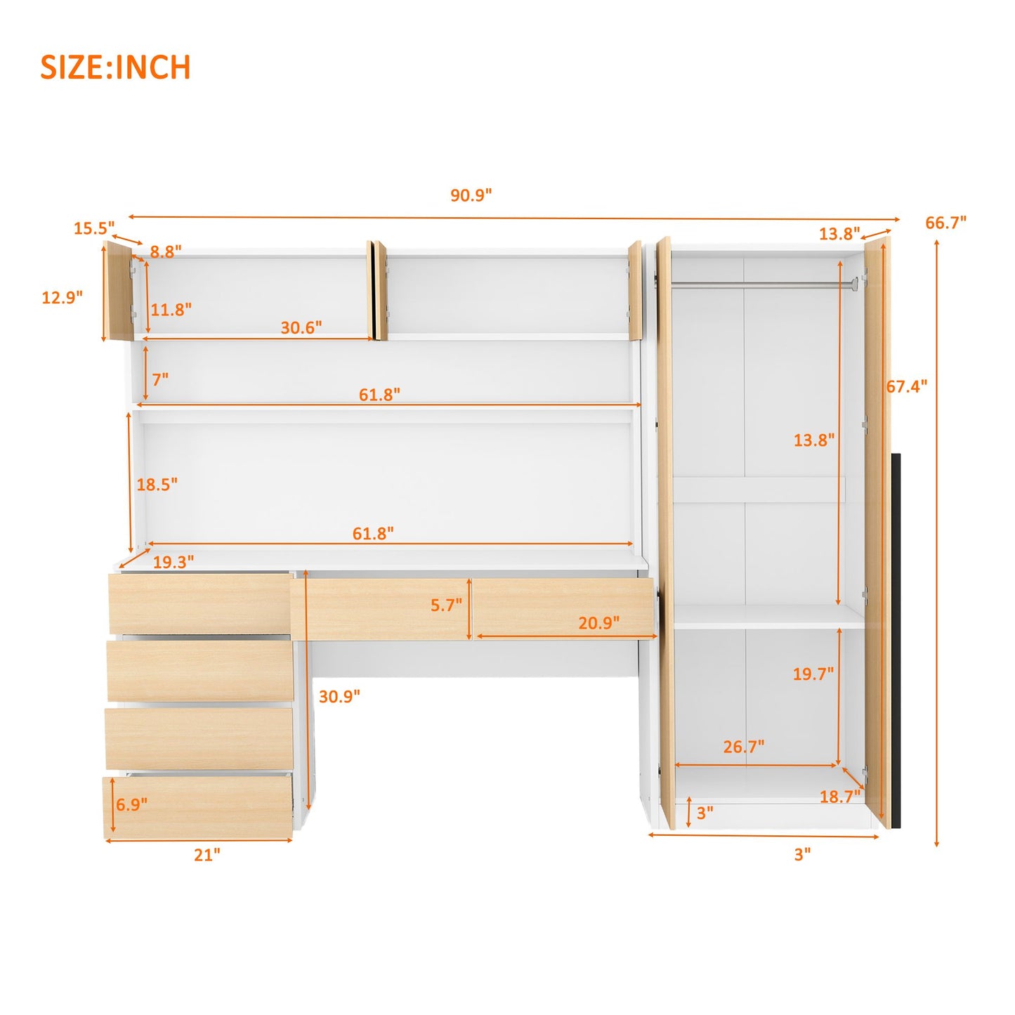 2 Door Wooden Storage Desk Wardrobe with Shelves and Drawers,Natural