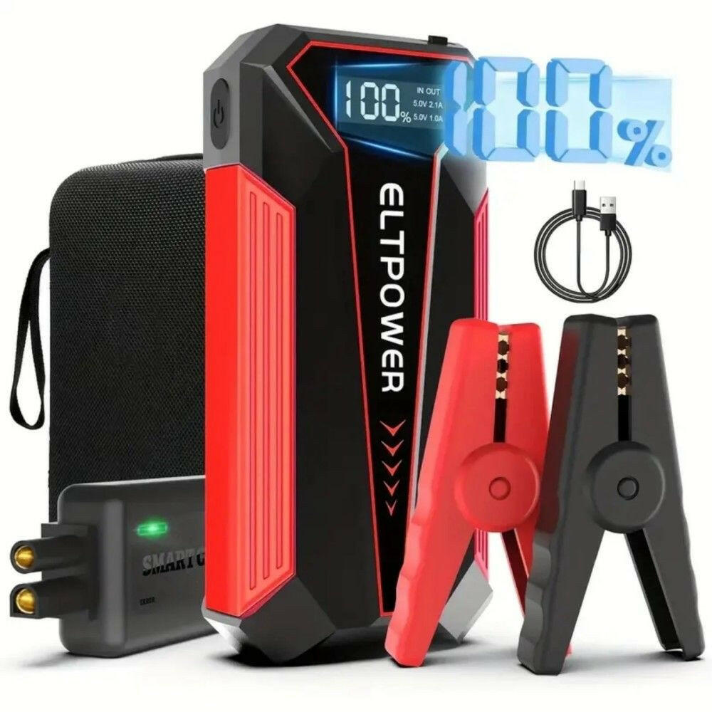 20000mAh Car Battery Jump Starter with Dual USB Quick Charge and LED Light Red.