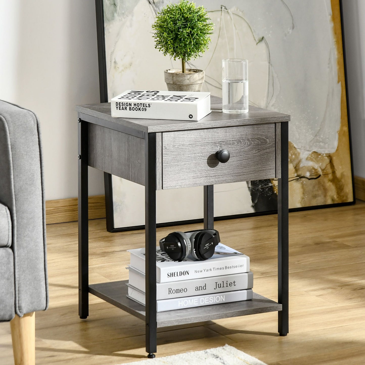 Industrial End Table with Storage Shelf, Accent Side Table with Drawer, Grey