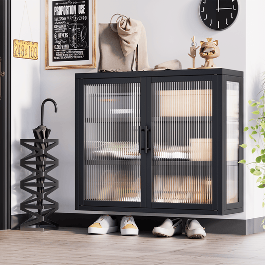 Retro Style Haze Double Glass Door Wall Cabinet With Detachable Shelves for Office, Dining Room,Living Room, Kitchen and Bathroom Black