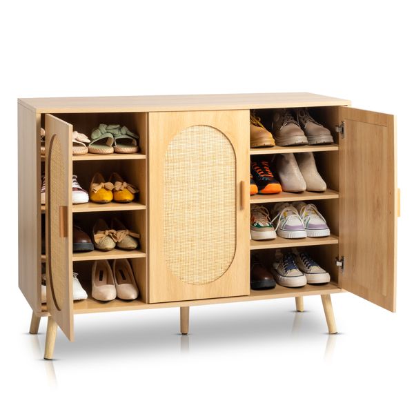 Modern Rattan Shoe Storage Cabinet with 3 Doors and Adjustable Shelves, Accent Cabinet for Living Room, Bedroom, Hallway