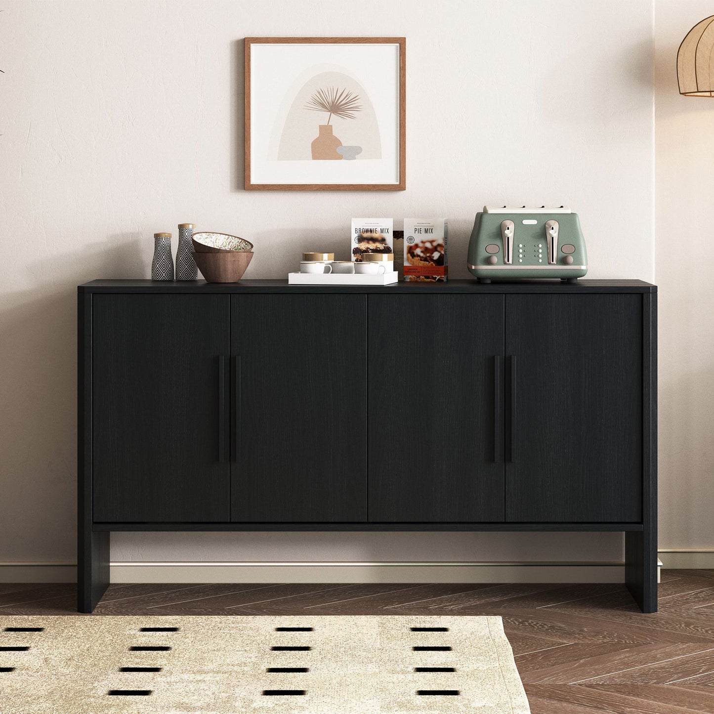 TREXM 4-Door Large Storage Retro Sideboard with Adjustable Shelves and Long Handles for Kitchen, Dining Room and Living Room (Black)